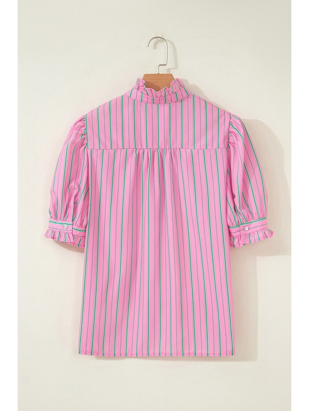 Pink Striped Ruffle Collar Button-Up Blouse - Picture 4 of 6